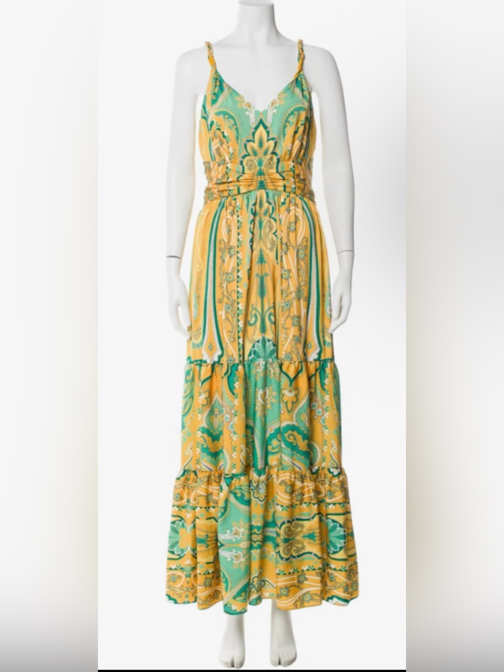 Kobi Halperin Yellow & Green Paisley Tiered Maxi Dress Size 8